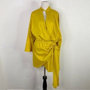 Secular Clothing Mustard Yellow Long Sleeve Tie Mini Dress